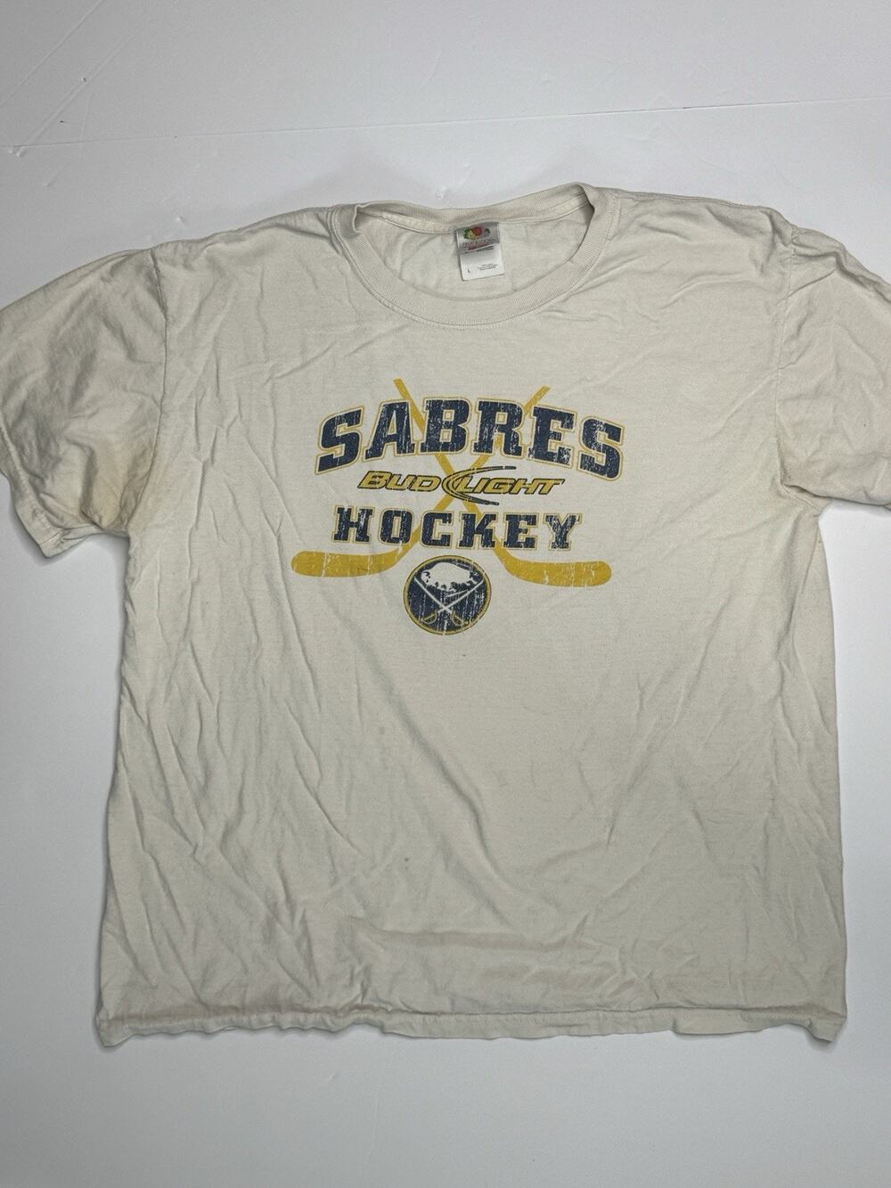Buffalo Sabres Bud Light T-Shirt Mens L Cream NHL Hockey Beer Promo Graphic
